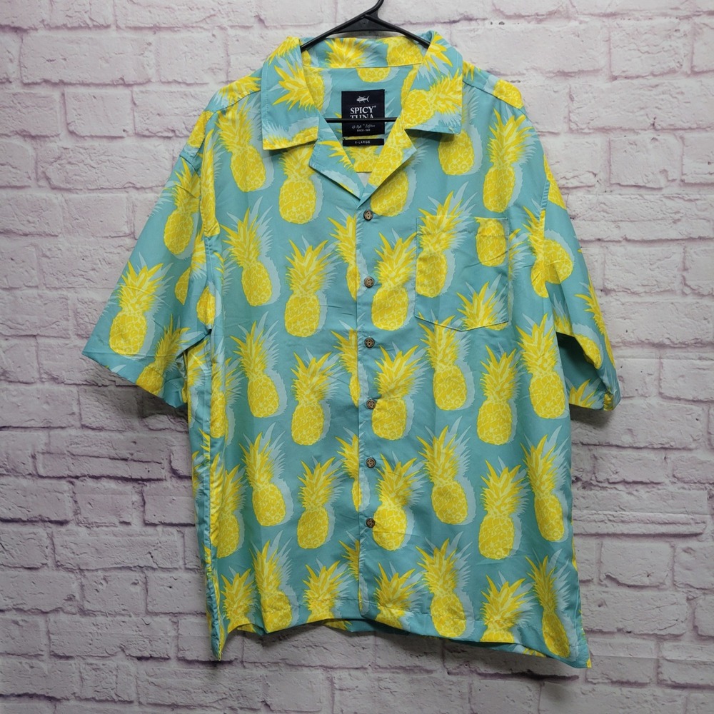 Spicy Tuna Pineapple Hawaiian Shirt XL Button Y2K‎ Tropical Beach Aloha Vacation